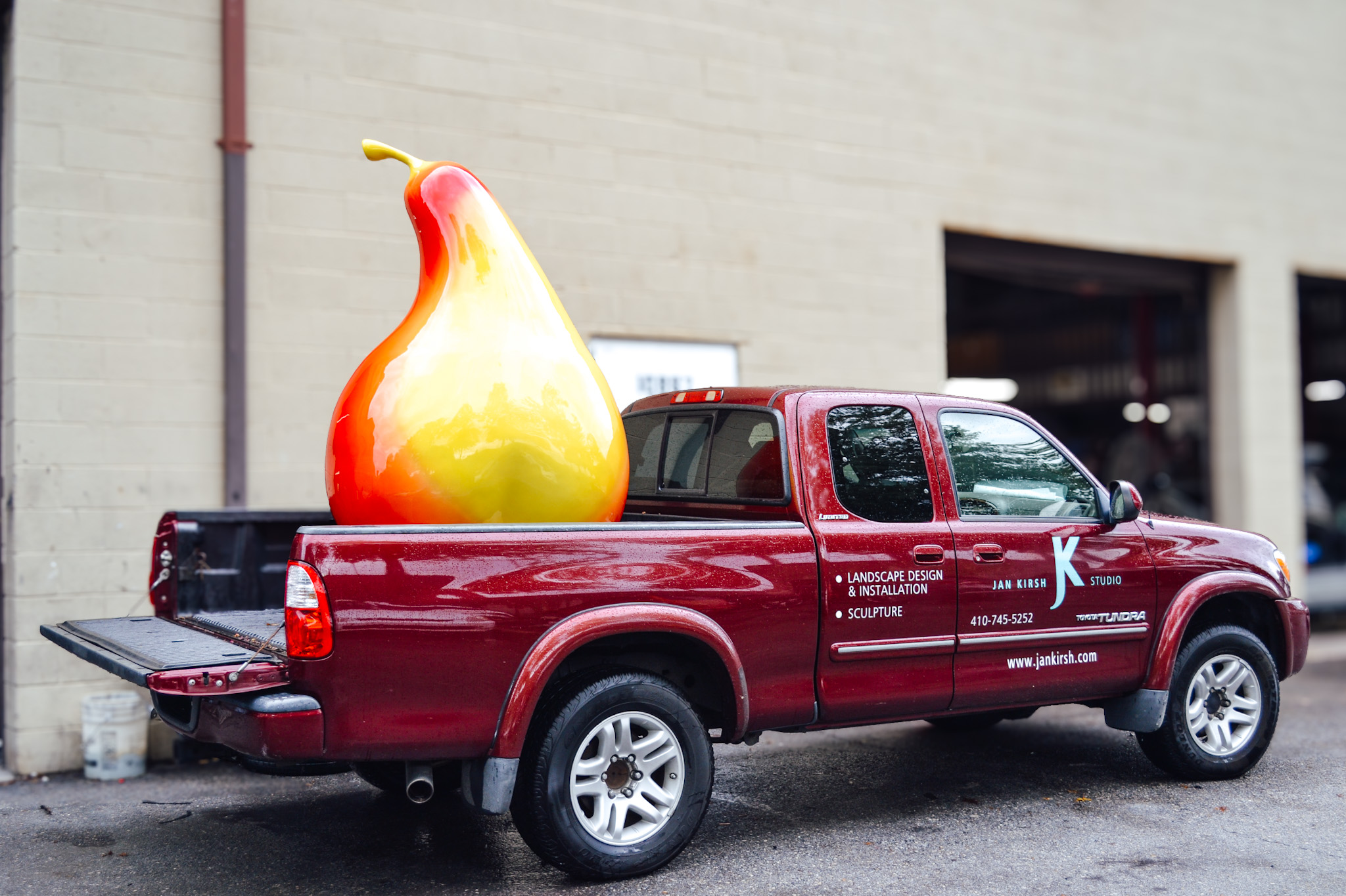 6-foot pear sculpture on its way to be installed at the George Howard Building in Howard County, Md.